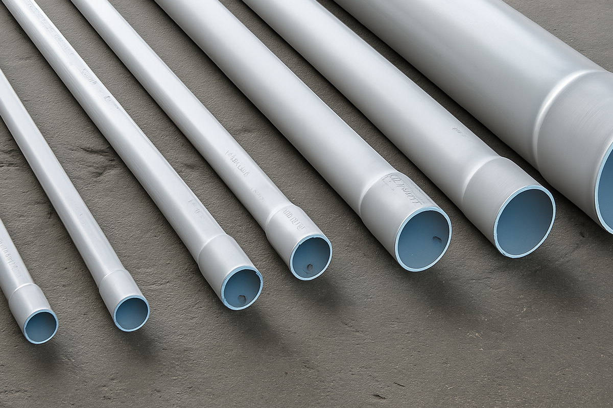 white pvc pipe layed out on floor of various sizes from small to large all showing diameter of opening