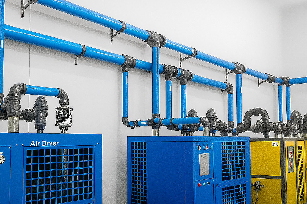 Unlocking-the-power-of-compressed-air yellow compressors blue air dryers connected by compressed air blue piping